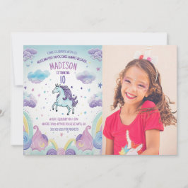 Invitación Foto: Blue and Purple Unicorn Birday Party