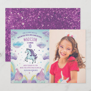 Invitación Foto: Blue and Purple Unicorn Birday Party
