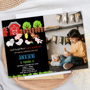 Invitación Foto Blue Black Red Farm Animals Cumpleaños