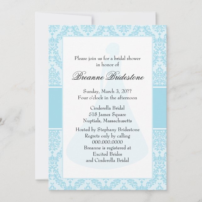 Invitación Foto Blue Damask Bridal Shower (Anverso)