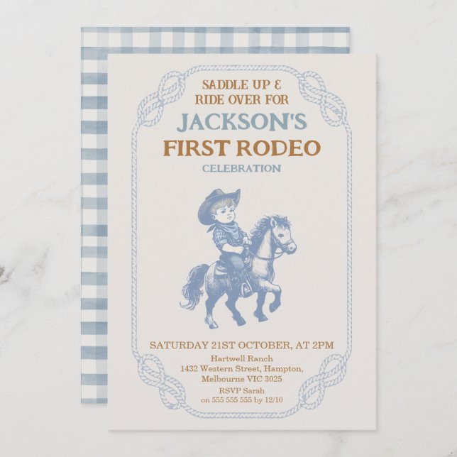 Invitación Foto Blue Gray Cowboy Primer Rodeo Primer Cumpleañ (Anverso / Reverso)