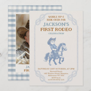 Invitación Foto Blue Gray Cowboy Primer Rodeo Primer Cumpleañ