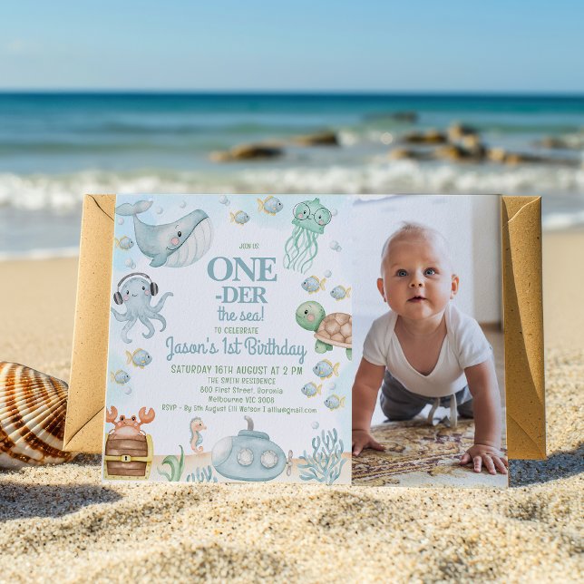 Invitación Foto: Blue Gray Oneder The Sea Boys 1er cumpleaños (Editable Oneder The Sea Birthday Invitation with Photo, Ocean Themed 1st Birthday Invitation Boy)