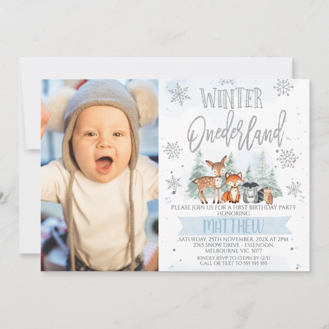 Invitación Foto Blue Silver Woodland Onederland Primer cumple (Anverso)