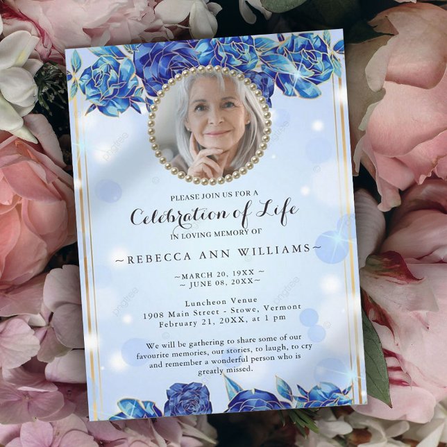 Invitación Foto Blue Sparkly Floral Gold Celebración de la vi (Subido por el creador)