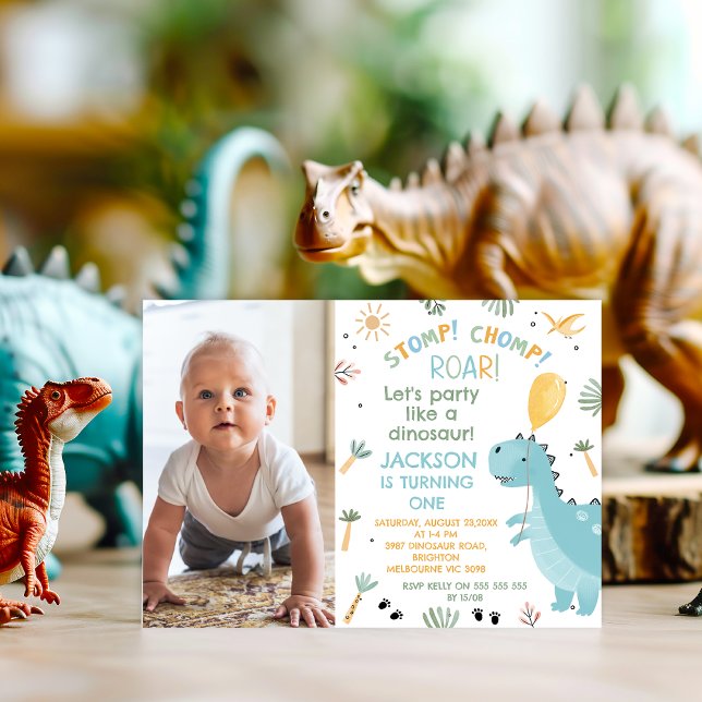 Invitación Foto Blue Stomp Chomp Roar Dinosaur Primer Cumplea (Stomp, Chomp, Roar Dinosaur 1st Birthday invitation,  Dinosaur Themed Birthday Invitation Template)