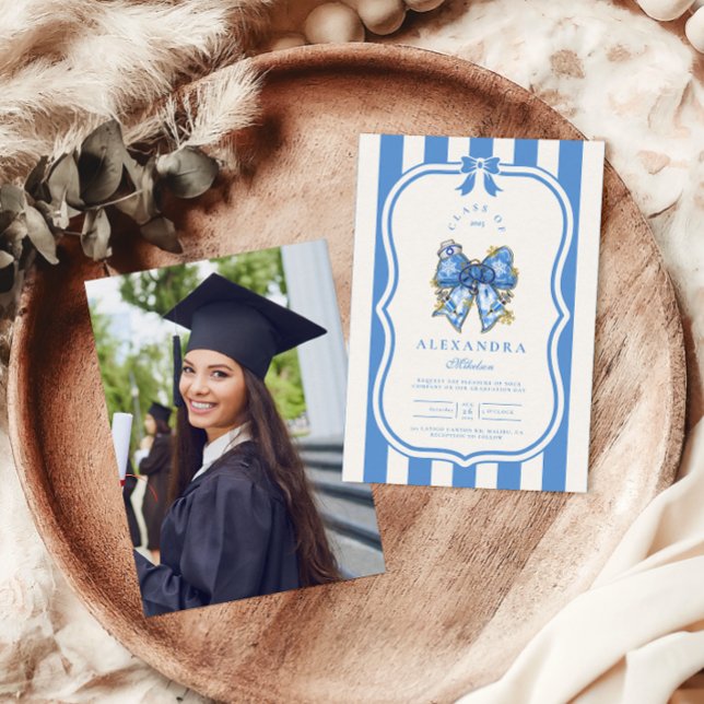 Invitación Foto: Blue Toile Bow Coquette Enfermería School Gr (Subido por el creador)