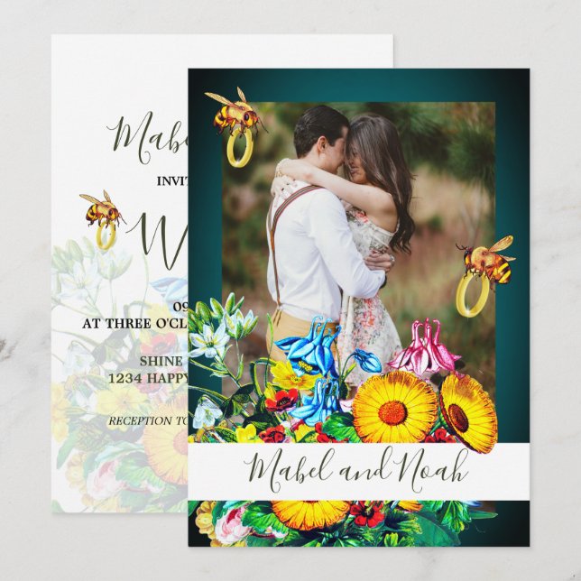 Invitación Foto boda Abejas Florales Oro Esmeralda Eco (Anverso / Reverso)