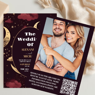 Invitación Foto Boda Celestial Burgundy Dorado Elegante