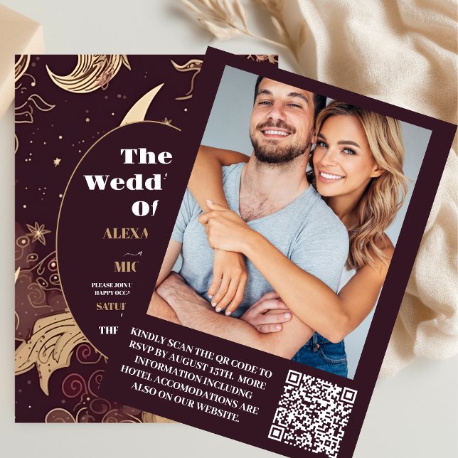 Invitación Foto Boda Celestial Burgundy Dorado Elegante (Subido por el creador)