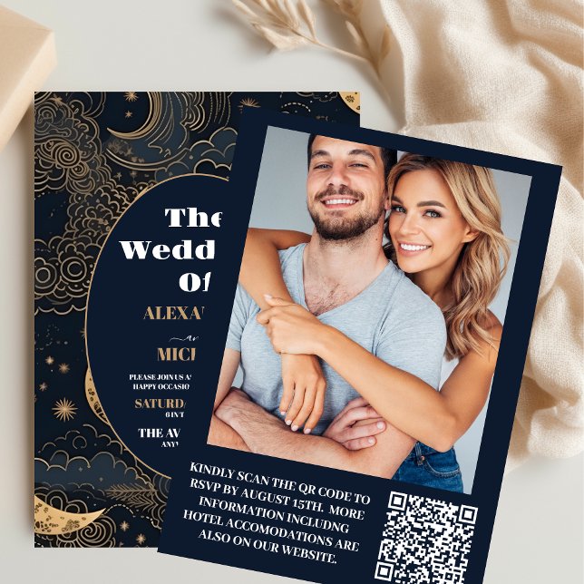 Invitación Foto Boda Celestial de oro azul Midnight (Subido por el creador)