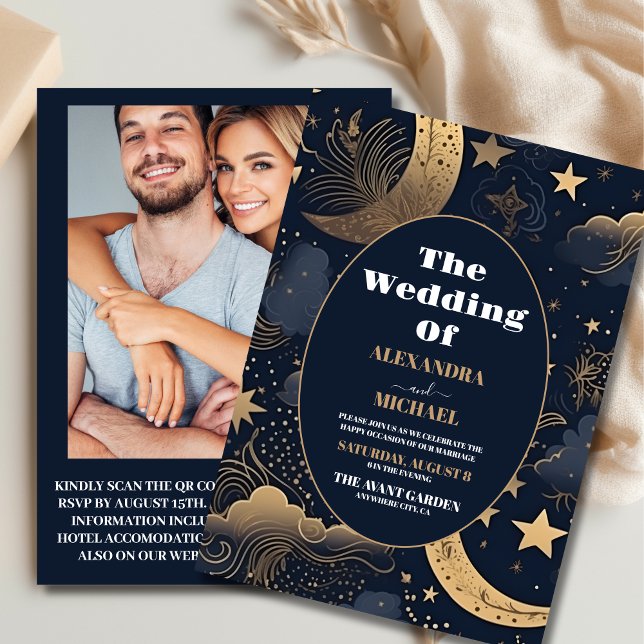 Invitación Foto Boda Celestial de oro azul Midnight (Subido por el creador)