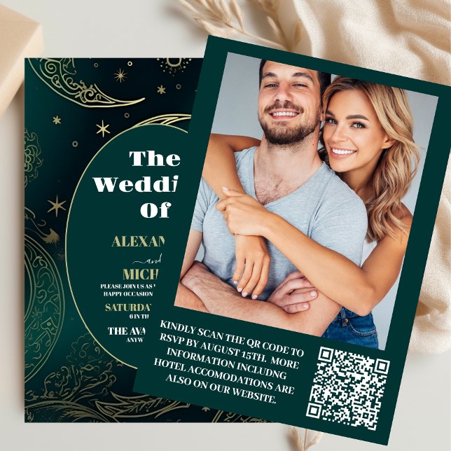Invitación Foto Boda Celestial Esmeralda Verde Dorado (Subido por el creador)
