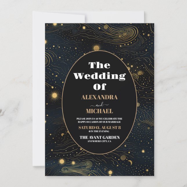 Invitación Foto Boda Celestial Luna Creciente Dorada (Anverso)