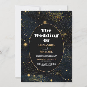 Invitación Foto Boda Celestial Luna Creciente Dorada