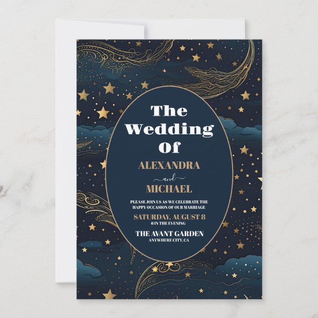 Invitación Foto Boda Celestial Luna Creciente Dorada (Anverso)