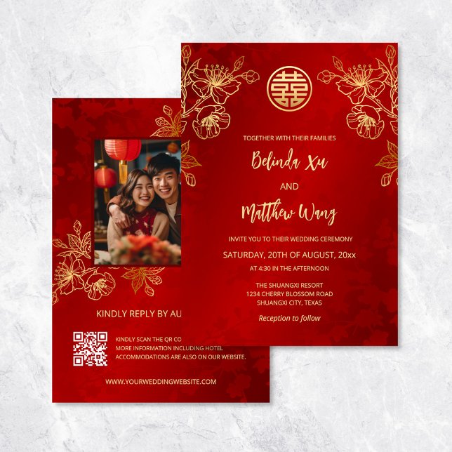 Invitación Foto Boda chino de oro rojo (Subido por el creador)