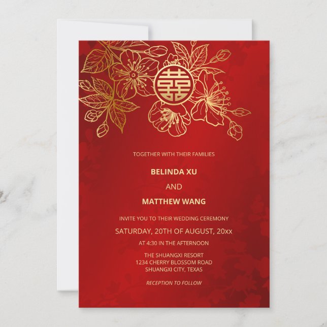 Invitación Foto Boda chino de oro rojo (Anverso)