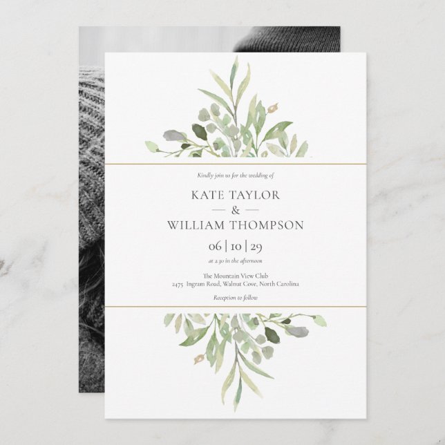 Invitación Foto Boda de Eucalyptus Greenery Botánico (Anverso / Reverso)