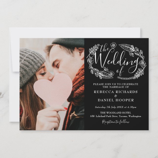 Invitación Foto Boda De Guión De Foliage En Blanco Y Negro (Anverso)
