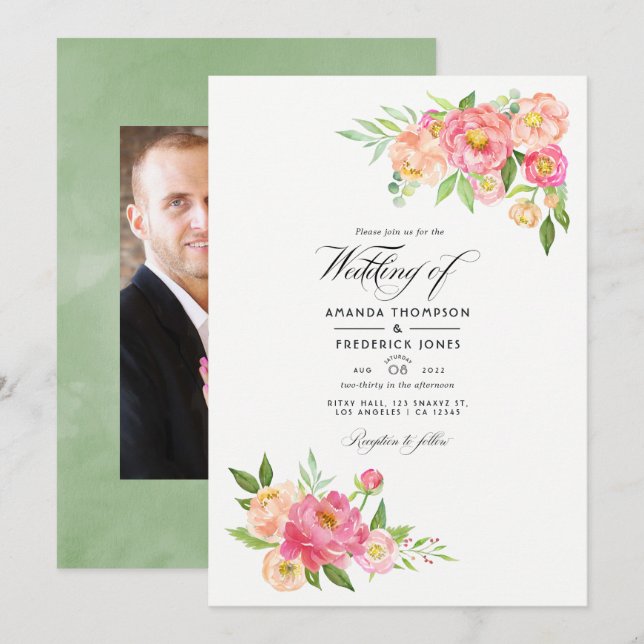 Invitación Foto Boda de la acuarela de primavera (Anverso / Reverso)