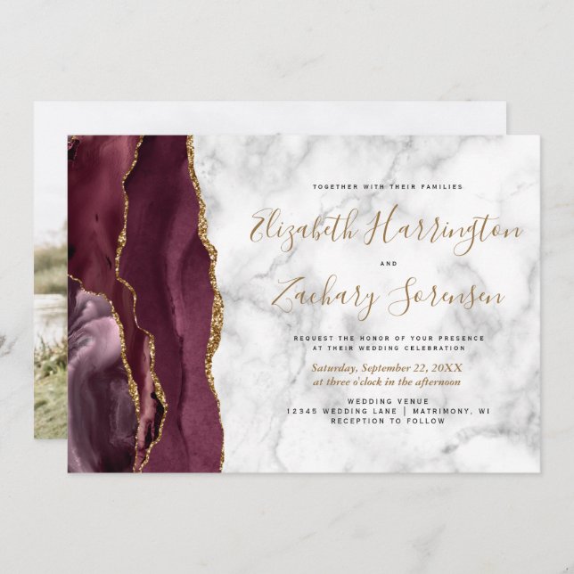 Invitación Foto: Boda de Mármol de Burgundy Gold Agate (Anverso / Reverso)