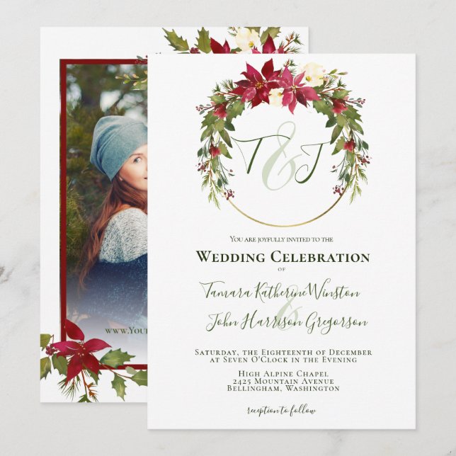 Invitación Foto: Boda de Navidades de energía verde de Poinse (Anverso / Reverso)