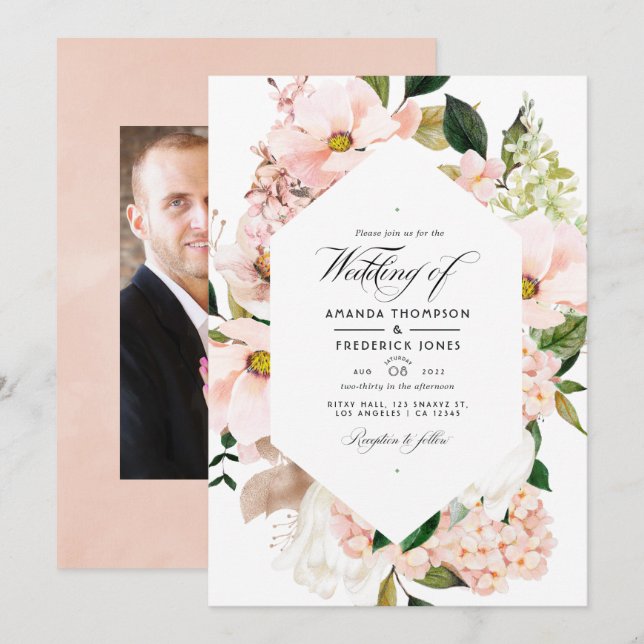 Invitación Foto Boda de Rubor Floral Rosa Hydrangeas (Anverso / Reverso)
