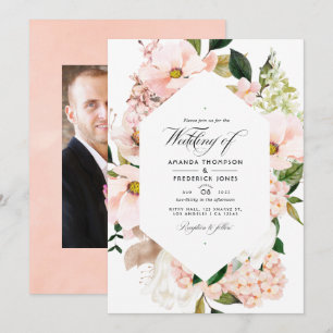 Invitación Foto Boda de Rubor Floral Rosa Hydrangeas