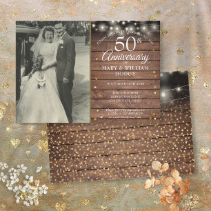 Invitación Foto Boda de Rustic Gold Hearts, 50 años