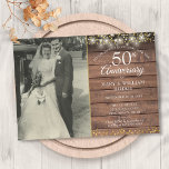 Invitación Foto Boda de Rustic Gold Hearts, 50 años<br><div class="desc">Con luces de cuerdas y delicados corazones de amor dorados se confetti en un ambiente rústico de madera. Personaliza con tu foto boda favorita y tus detalles especiales de la celebración del 50 aniversario de los bodas dorados en la tipografía de la moda. Diseñado por Thisisnotme©</div>