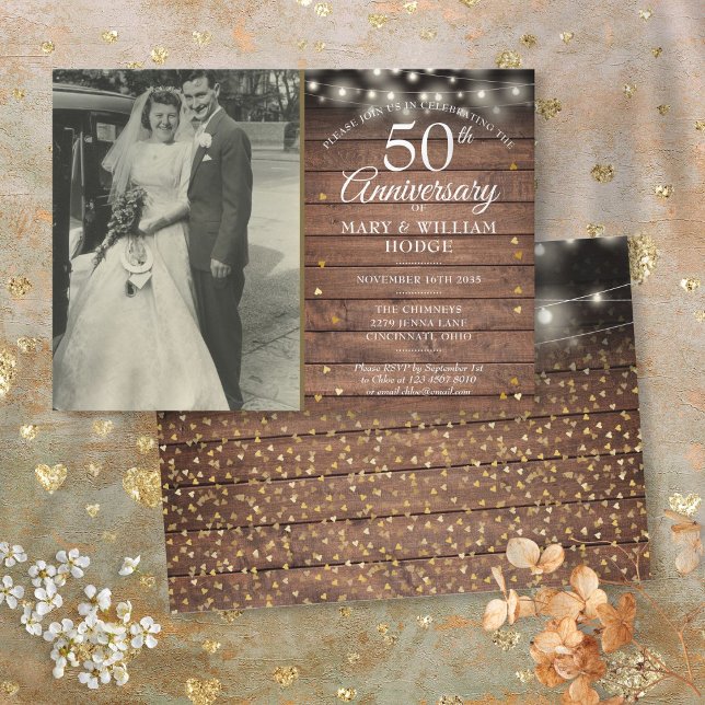 Invitación Foto Boda de Rustic Gold Hearts, 50 años (50th Anniversary Rustic Gold Hearts Wedding Photo Invitation)