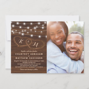 Invitación Foto Boda de Rustic Wood String Lights