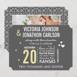 Invitación Foto: Boda de tipografía moderna gris y amarilla
