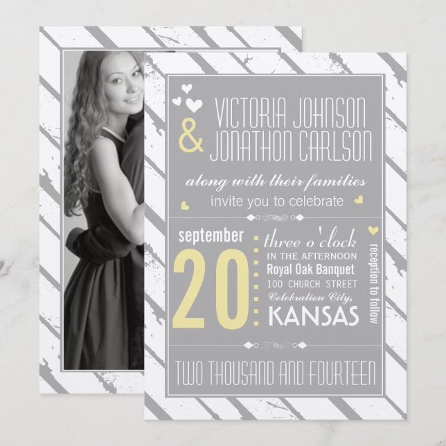 Invitación Foto: Boda de tipografía moderna gris y amarilla (Anverso / Reverso)