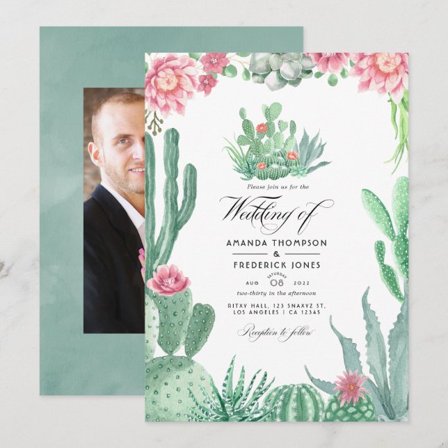 Invitación Foto Boda de Watercolor Succulens (Anverso / Reverso)