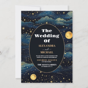 Invitación Foto Boda Estrellas Azules Medianoche Celestiales