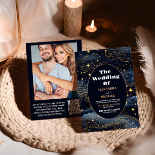 Invitación Foto Boda Estrellas Azules Medianoche Celestiales