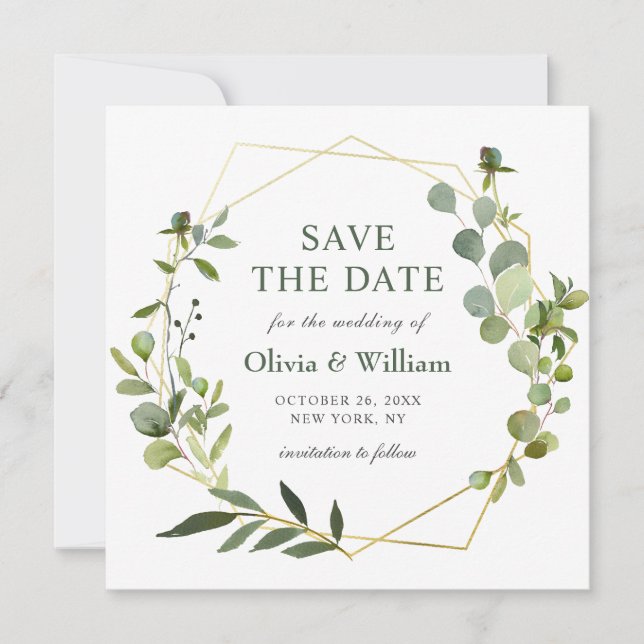 Invitación FOTO Boda Eucalipto Moderno GUARDA LA FECHA (Anverso)