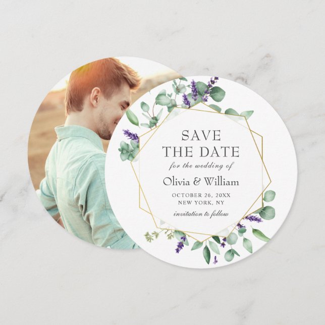 Invitación FOTO Boda Eucalipto Moderno GUARDAR LA FECHA (Anverso / Reverso)