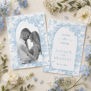 Invitación Foto Boda Floral Azul Francés Save the Date