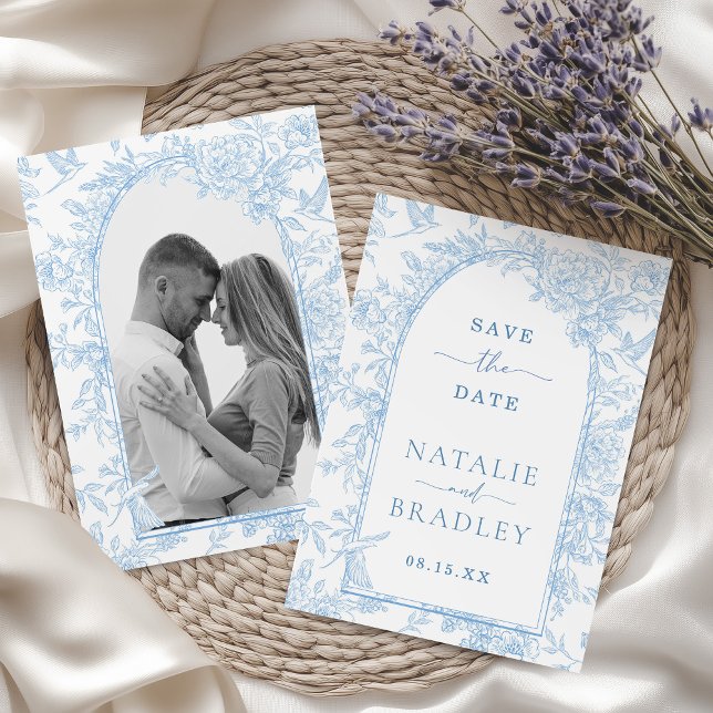 Invitación Foto Boda floral azul francesa Salven la fecha (French Blue Floral Photo Save the Date Card)