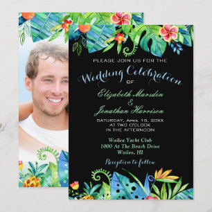 Invitación Foto Boda Floral de color de agua tropical negro