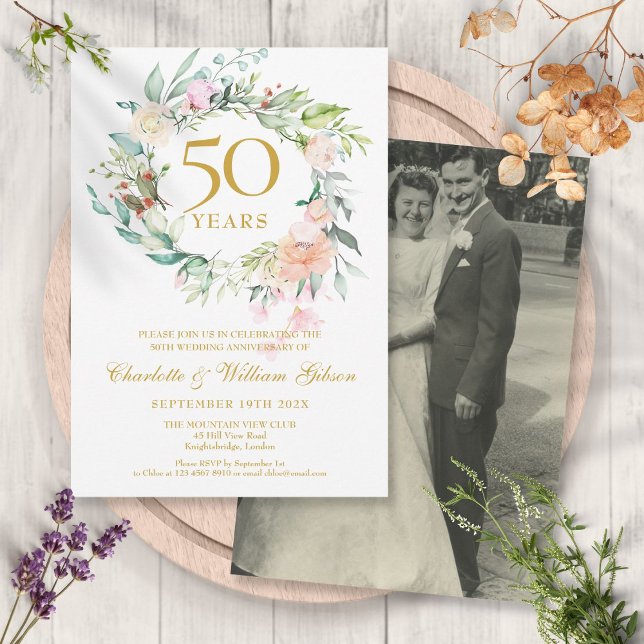 Invitación Foto boda Floral Garland 50º aniversario (Subido por el creador)