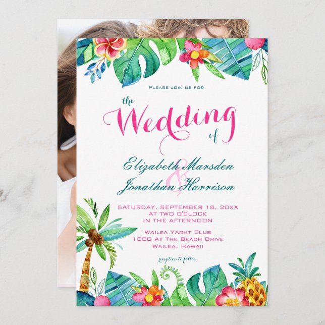 Invitación Foto: Boda floral Verde azulado rosa de playa trop (Anverso / Reverso)