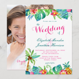 Invitación Foto: Boda floral Verde azulado rosa de playa trop