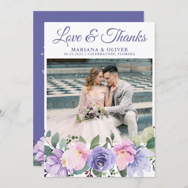 Invitación Foto boda Gracias Carne Lavender Floral (Anverso / Reverso)