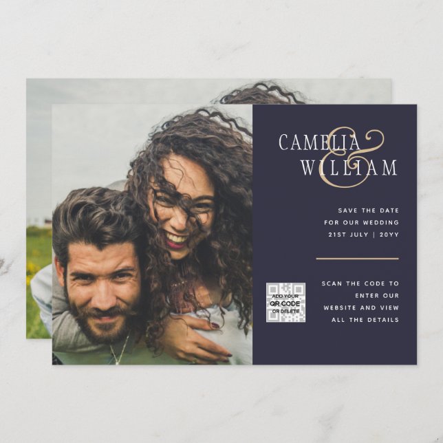 Invitación FOTO Boda Invitar código QR Guardar fecha AZUL (Anverso / Reverso)