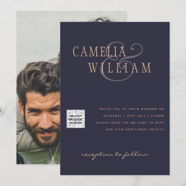 Invitación FOTO Boda Invitar código QR Guardar fecha AZUL (Anverso / Reverso)