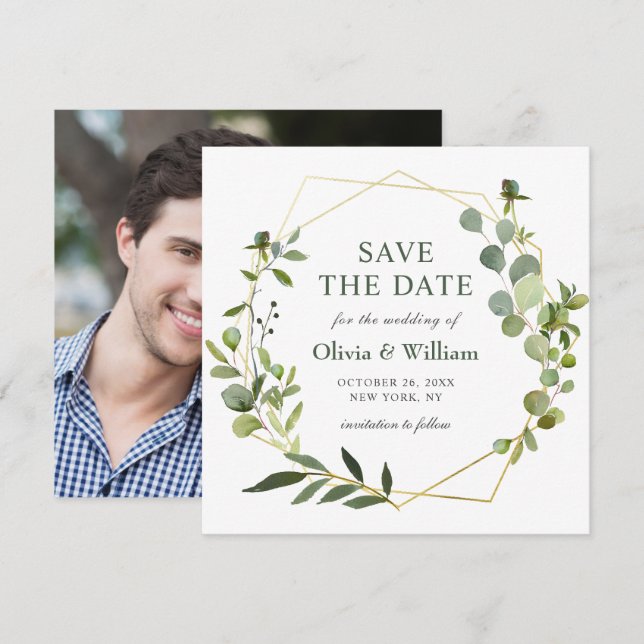 Invitación FOTO Boda Moderna Eucalipto GUARDAR LA FECHA (Anverso / Reverso)